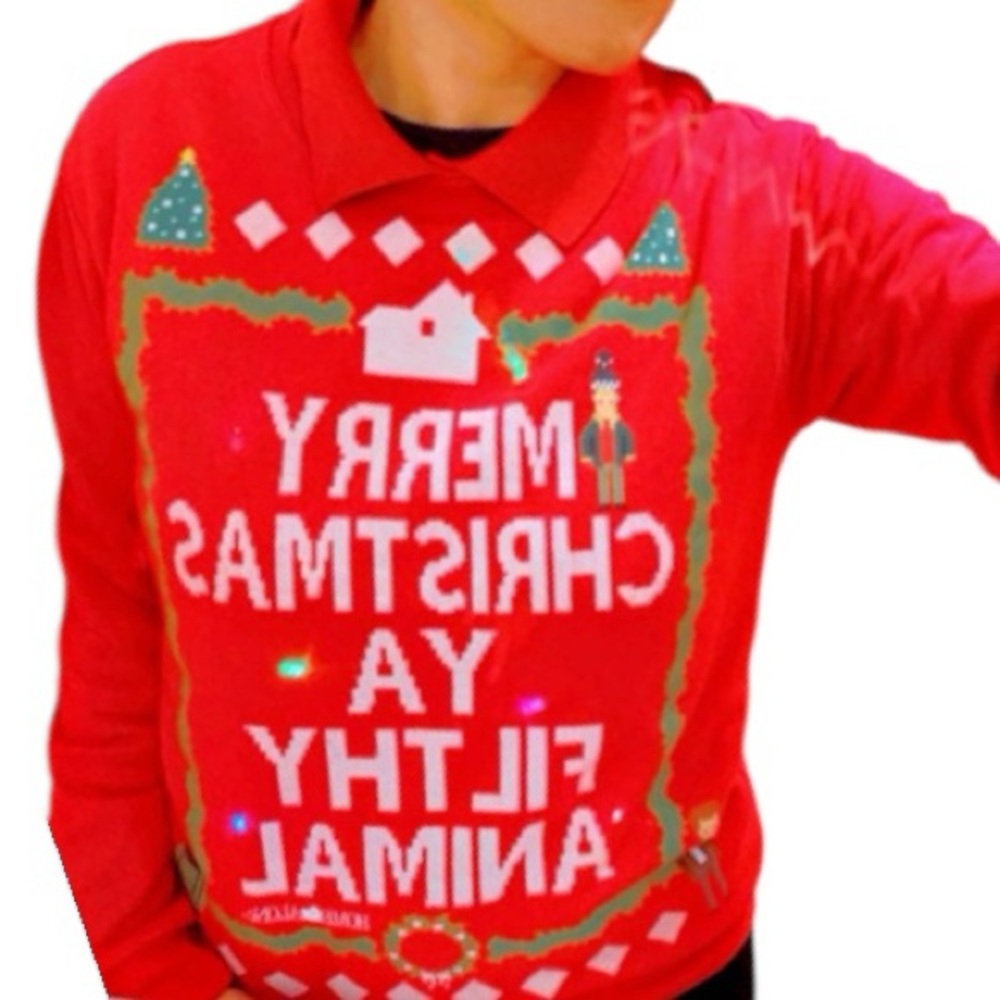 Red Christmas Sweater with Festive Design & led lights small stain size small